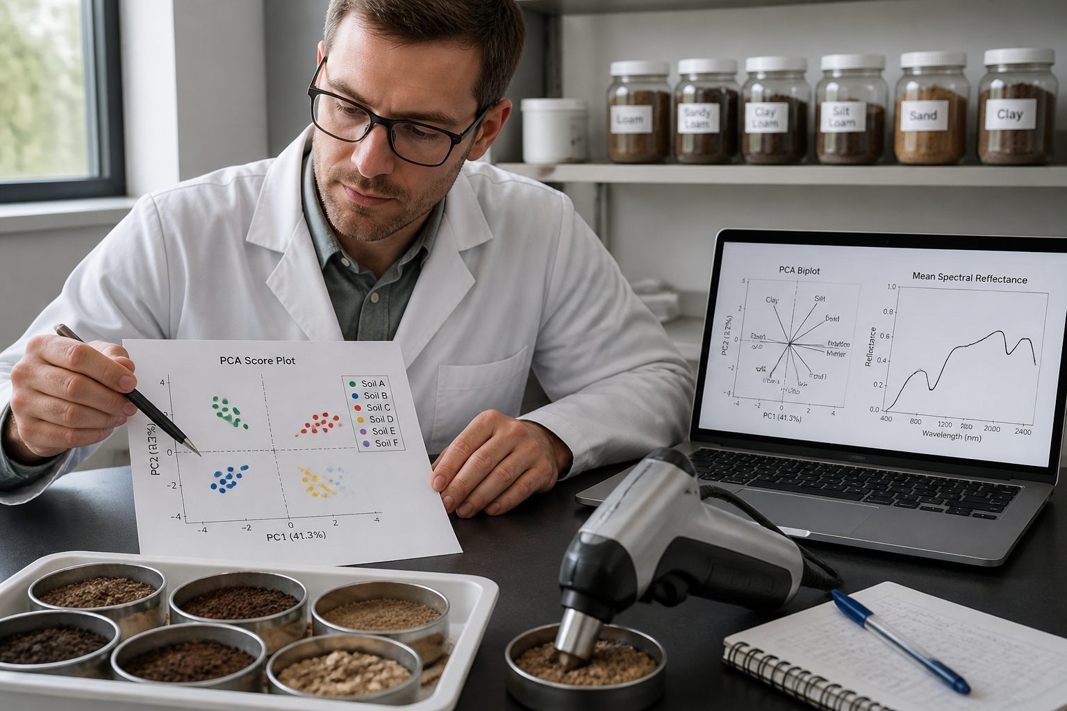 A soil scientist reviews a PCA score plot and soil spectral data beside soil samples and a spectrometer in a lab.