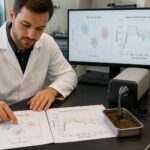 A soil scientist points to a PCA scatter plot and soil reflectance spectrum beside a soil spectrometer and soil samples on a lab desk.