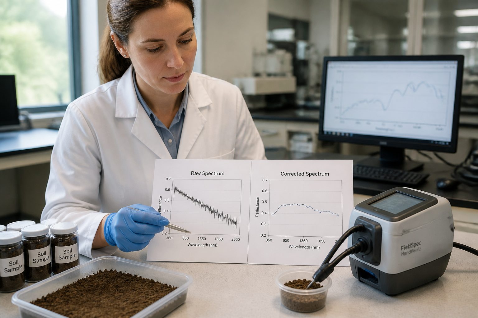 A woman scientist in a soil spectroscopy lab compares raw and corrected spectral plots beside a soil spectrometer and soil samples.