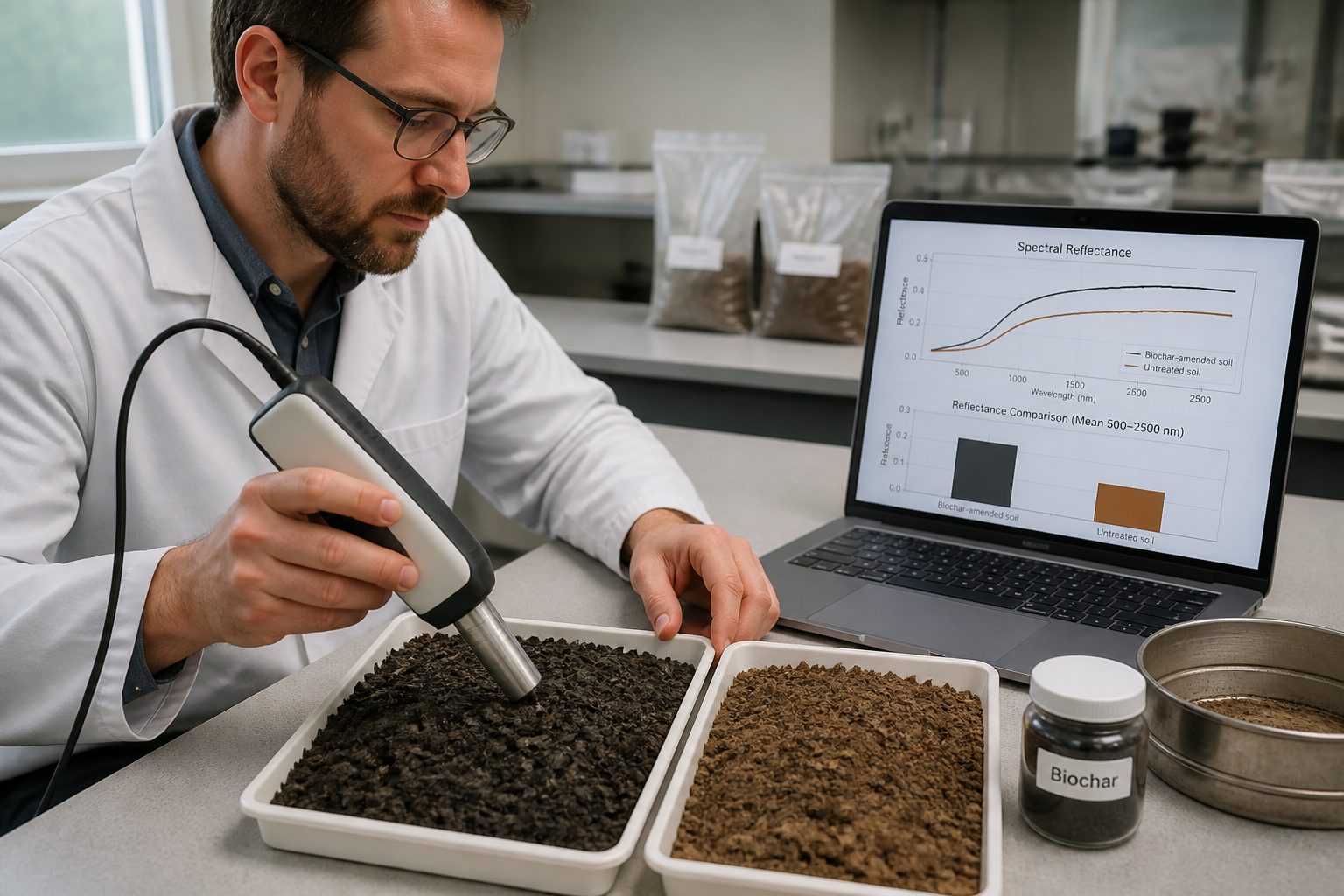 A researcher uses a handheld soil spectrometer to scan biochar amended soil in a lab while a laptop shows spectral data.