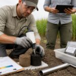 A field researcher uses a handheld soil spectrometer on a soil core showing dark biochar amended soil beside an untreated sample.