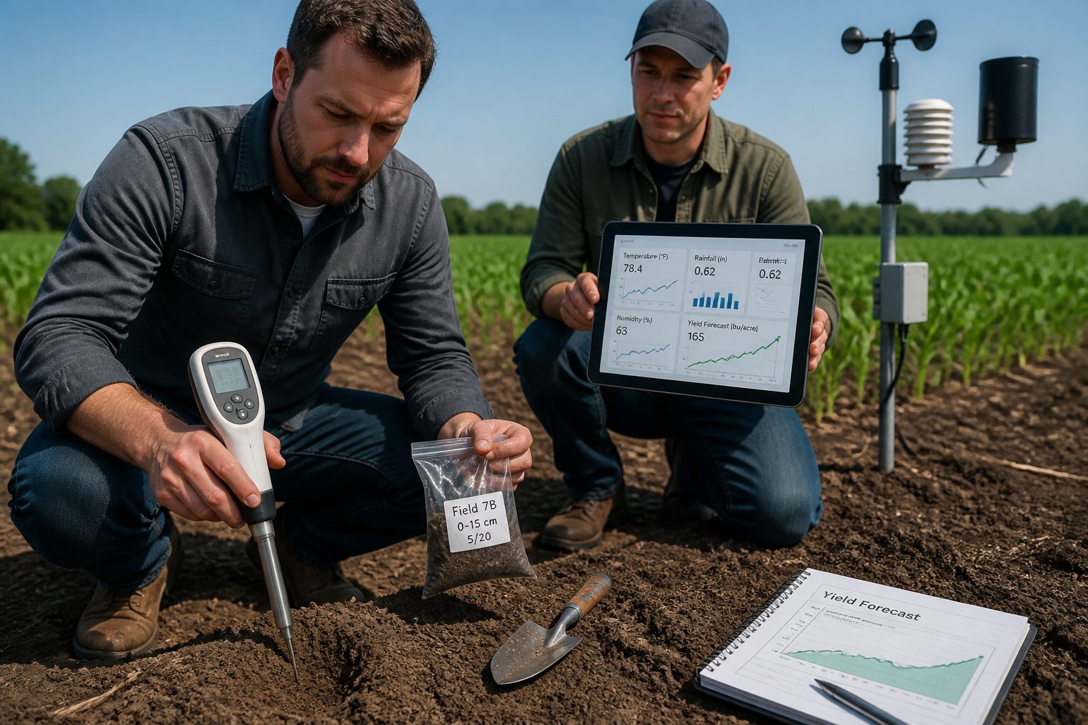 An agronomist uses a handheld soil spectrometer on exposed soil while another professional reviews climate data on a tablet to predict crop yield.
