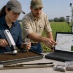 Two soil scientists in a crop field use a handheld soil spectrometer and review climate and spectral graphs on a laptop for yield forecasting.