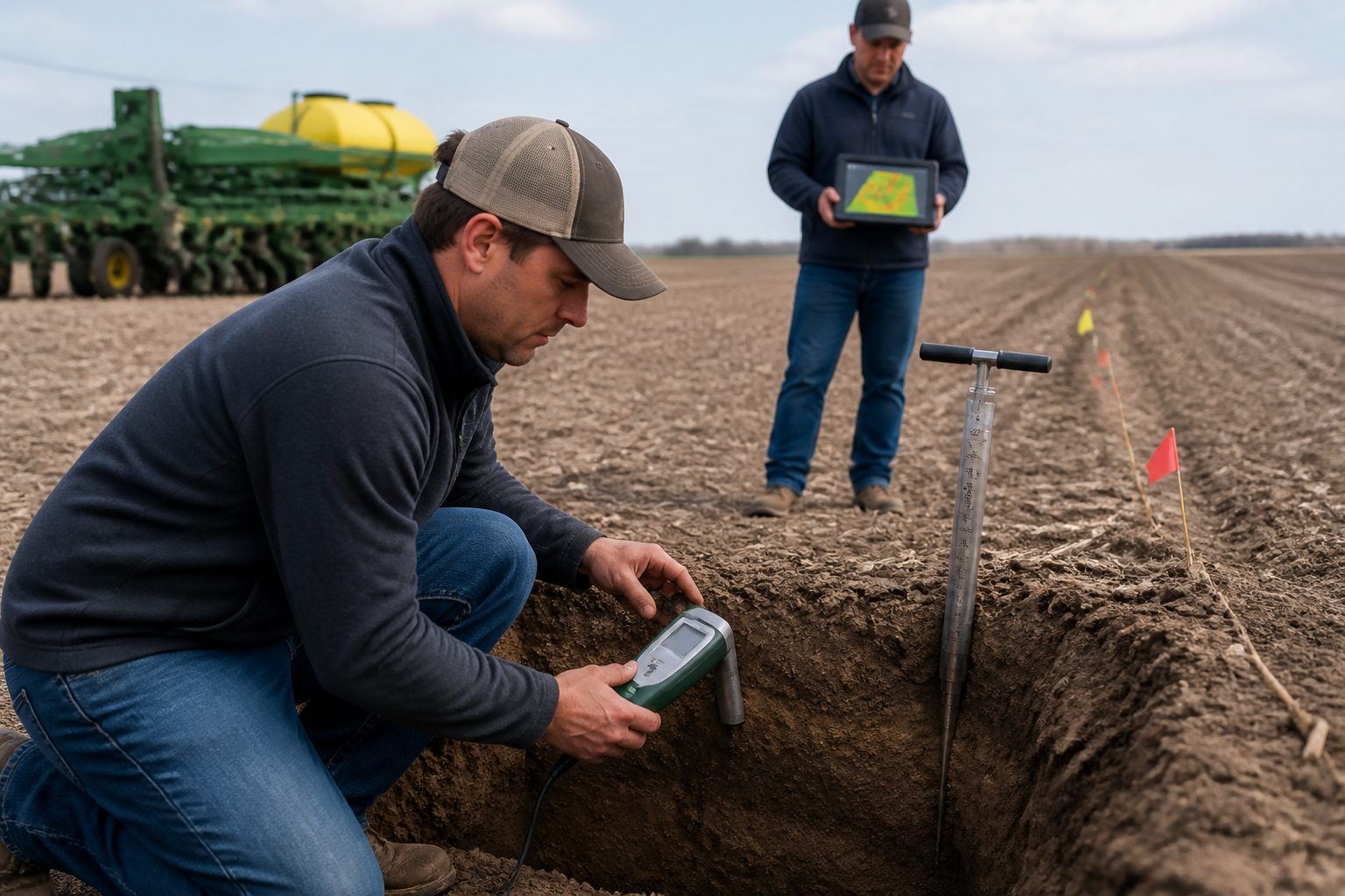 An agronomist kneels in a field before planting and uses a handheld soil spectroscopy device on a soil pit while a technician marks compaction zones with flags and a tablet map.