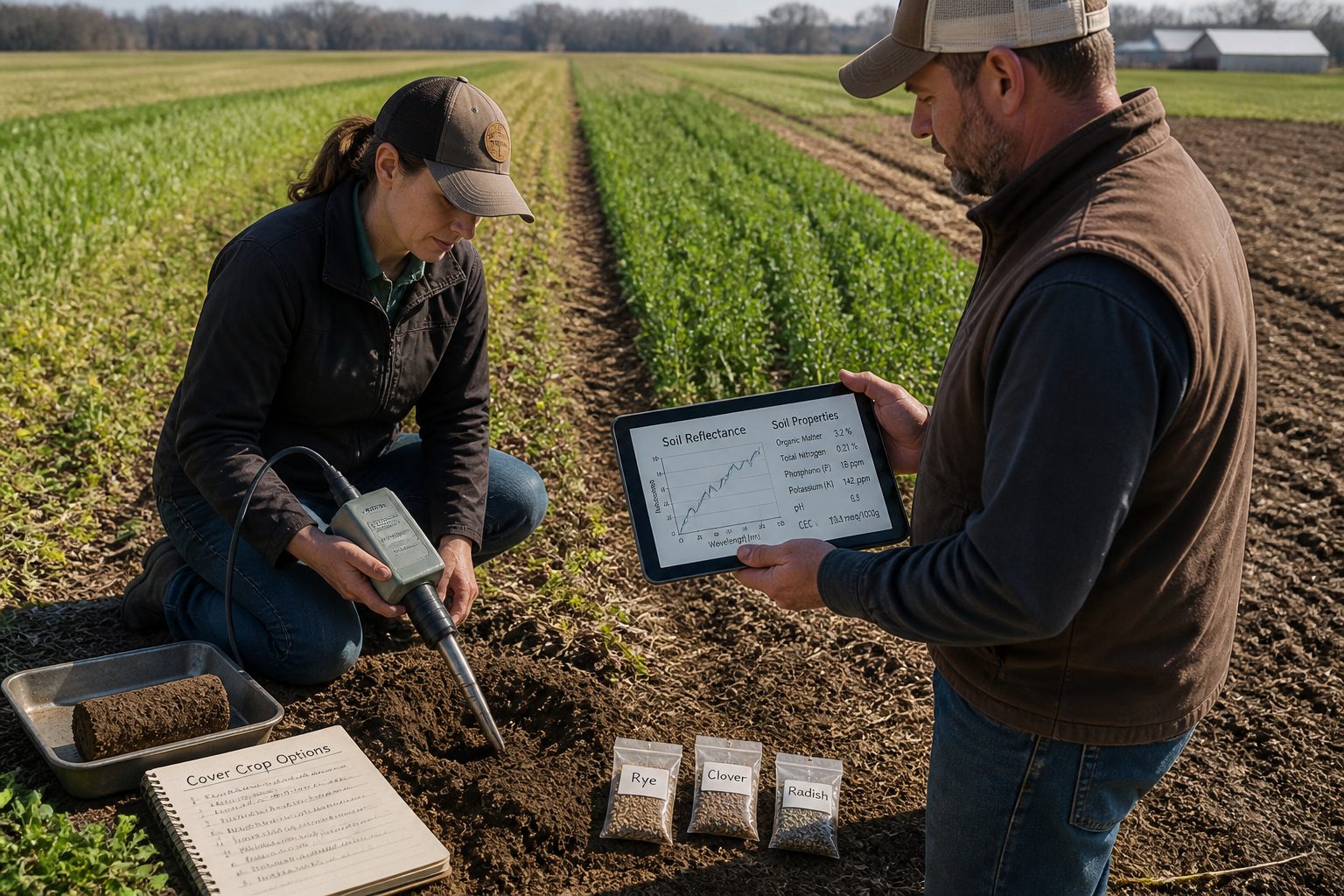 An agronomist uses a handheld soil spectrometer in a farm field while a farmer reviews soil readings on a tablet to choose cover crops