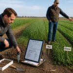 An agronomist uses a handheld soil spectrometer and tablet in a farm field while a farmer points to different cover crop plots.