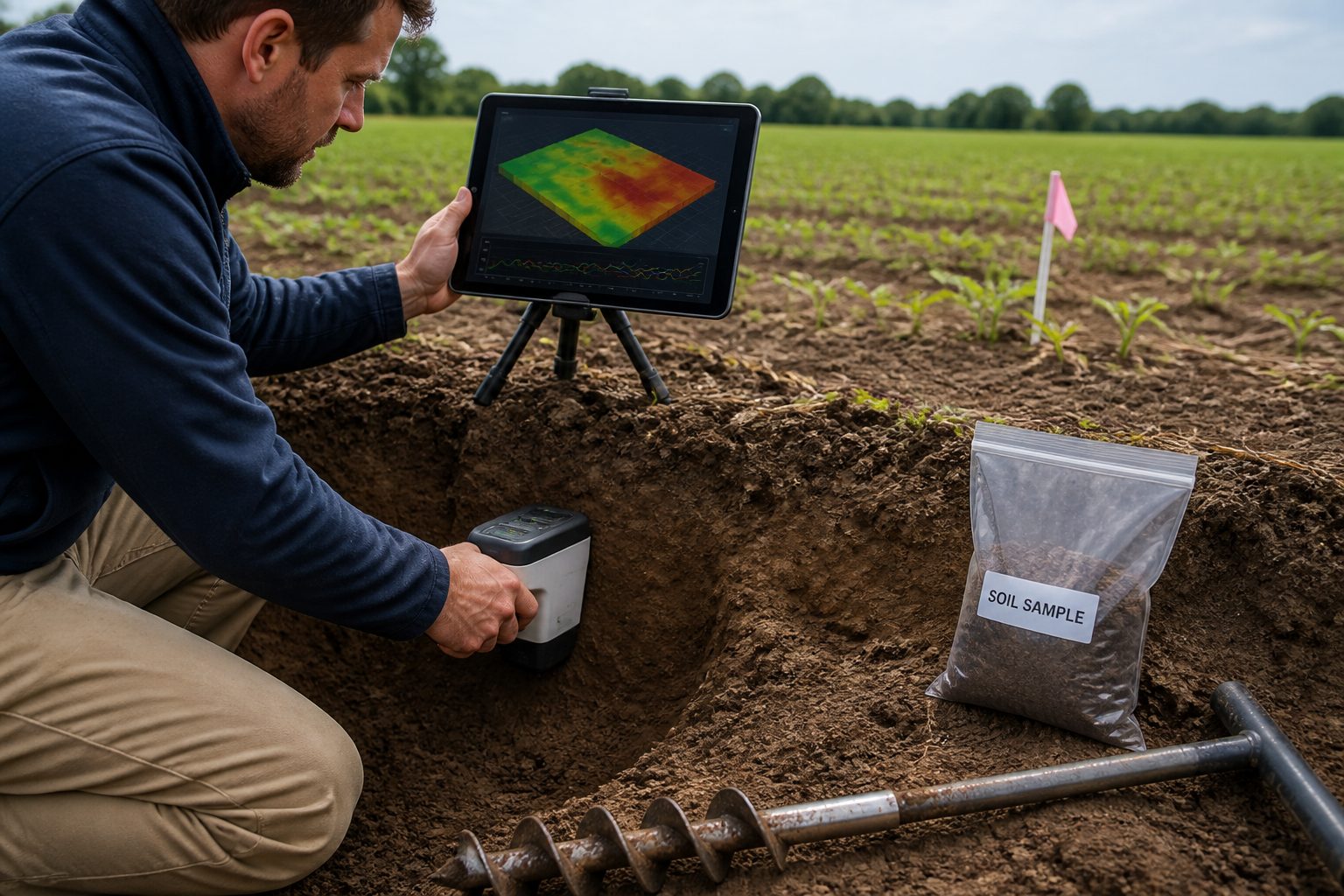A field technician scans a soil sample with a handheld spectrometer while viewing a digital twin field model on a tablet.