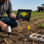 An agronomist scans soil with a handheld spectrometer while viewing a field digital twin model on a tablet in a farm field.