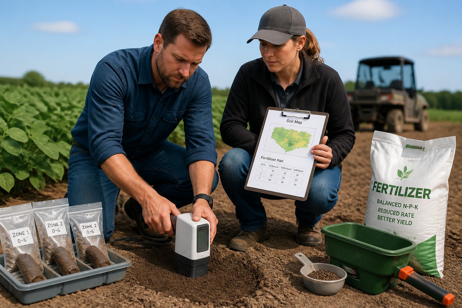 An agronomist scans a soil sample with a handheld spectrometer while a colleague reviews a fertilizer plan in a crop field.