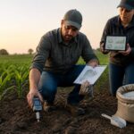An agronomist scans soil with a handheld spectrometer in a crop field while another professional reviews fertilizer planning notes on a tablet.