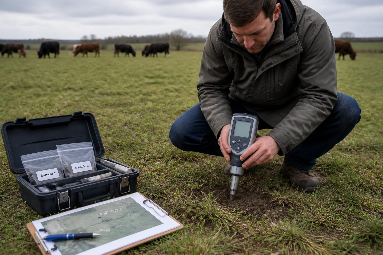 A field technician uses a handheld soil spectrometer to test soil in a grazed pasture while cattle graze in the background.