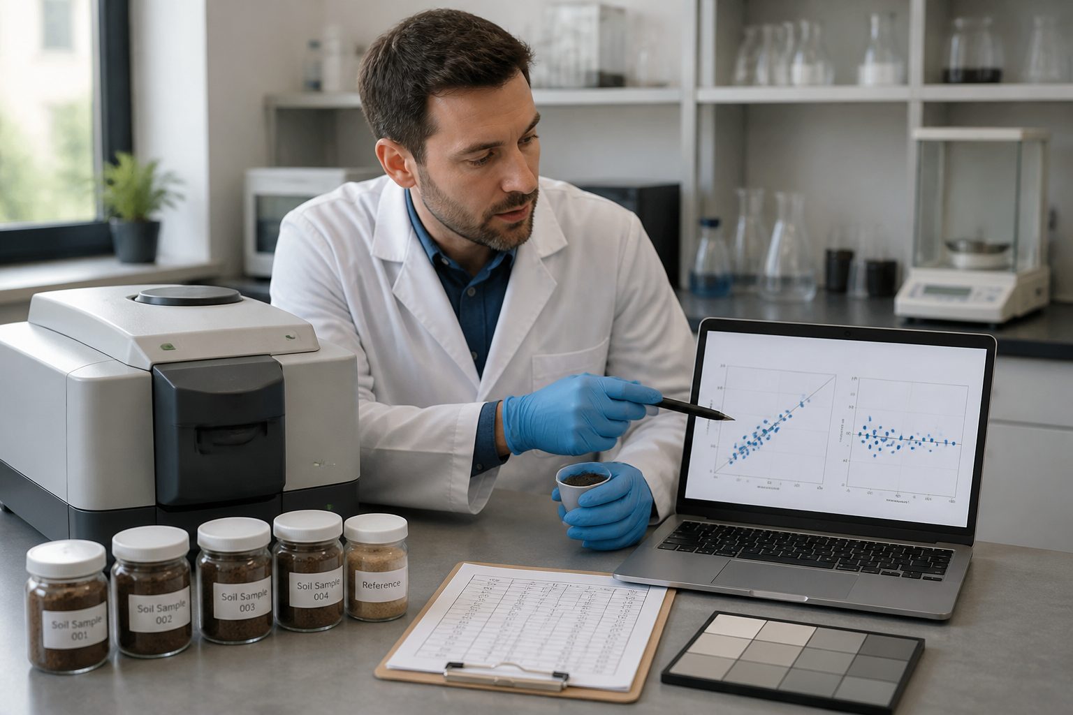 A lab researcher compares soil spectrometer results with lab reference measurements on a laptop while holding a soil sample.