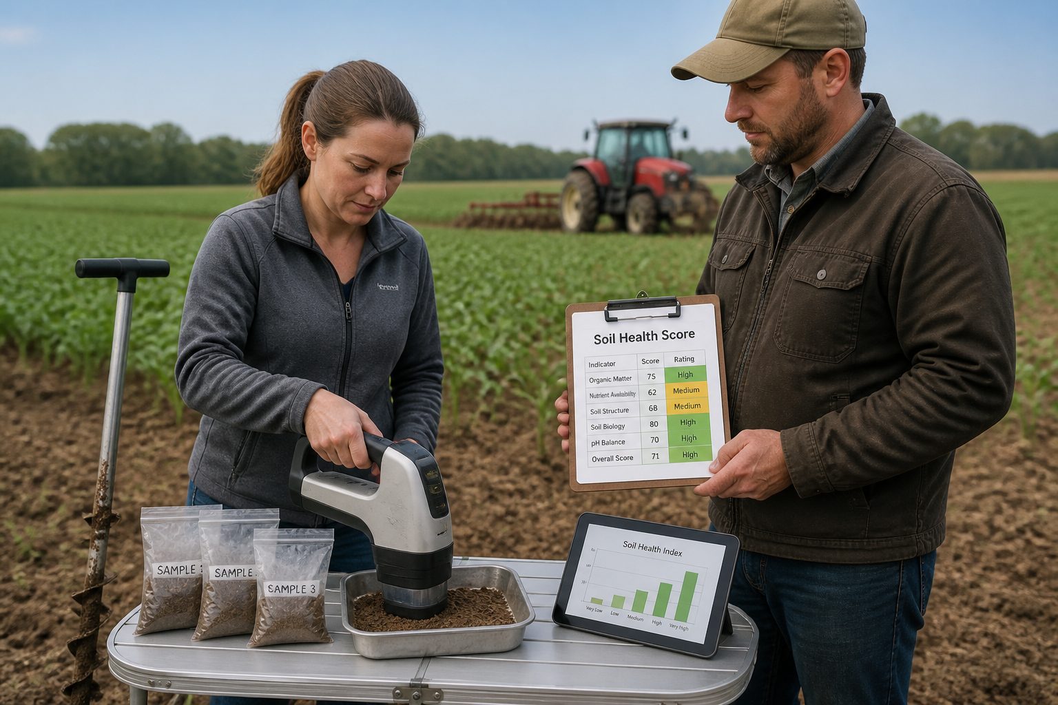 A farmer and an agronomist scan a soil sample with a handheld spectrometer while reviewing a soil health score sheet in a field.