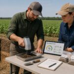 A male agronomist scans a soil sample with a handheld spectrometer while a female farmer reviews a soil health score on a tablet in a field.