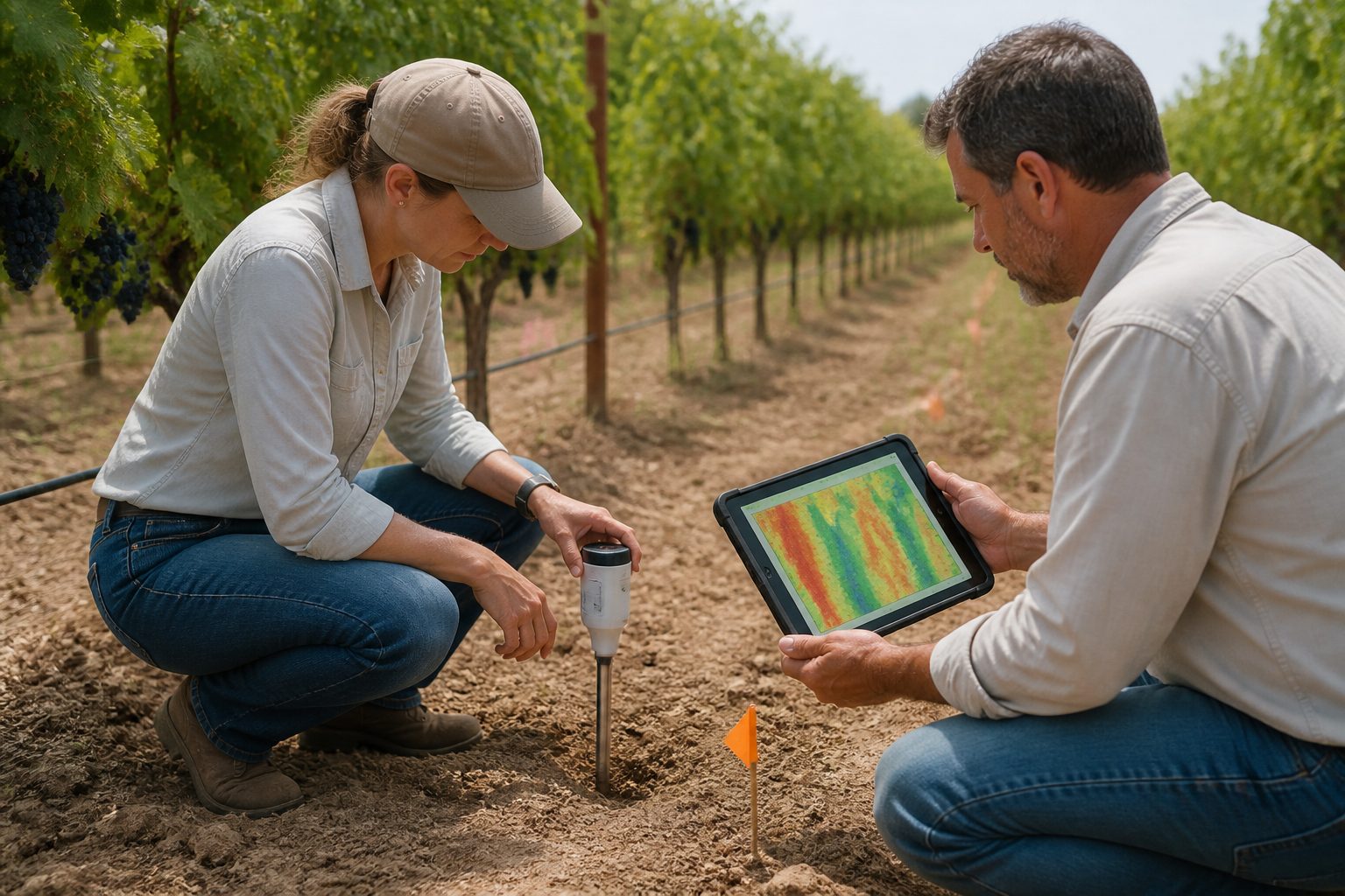 A man and a woman use a handheld soil spectrometer in a vineyard while viewing a soil variability map on a tablet.