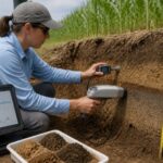 A soil scientist uses an acoustic sensor and a handheld spectrometer on a soil pit wall to identify a compacted soil layer.