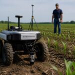 An autonomous ground robot uses a soil spectrometer probe to scan bare soil between crop rows while a technician watches from a distance.