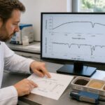 A soil scientist points to a continuum removed soil spectrum on a monitor beside soil samples and a spectrometer probe.