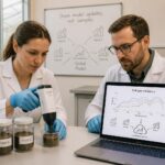 Two researchers use a soil spectrometer and laptop showing a soil spectral library and federated learning diagram while sealed soil jars sit on the lab bench.