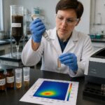 A lab scientist in a lab coat pipettes filtered soil leachate into a cuvette beside a spectrofluorometer and a printed fluorescence contour plot.