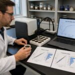 A researcher in a soil spectroscopy lab compares Random Forest and Gradient Boosting results while analyzing a soil sample with a spectrometer and laptop.