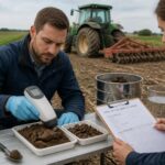 A soil scientist uses a handheld spectrometer to scan soil aggregates beside a wet sieving setup while a tractor and tillage tool sit in the background.