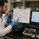 A male soil scientist compares a mixed reflectance spectrum with separate soil component curves beside a spectrometer and soil samples.
