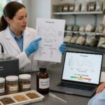 A woman soil scientist and a man agronomist review soil spectroscopy graphs in a lab while handling soil samples for herbicide sorption risk analysis.
