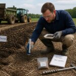 A soil scientist uses a handheld soil spectrometer to measure soil near freshly applied manure in a farm field.
