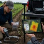 Two agronomists use a handheld soil spectrometer and a tablet map to measure and map phosphorus availability in a row crop field.