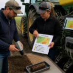 An agronomist uses a handheld soil spectrometer while a woman reviews a variable rate seeding map beside a precision planter in a field.