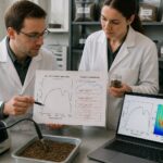 A man and a woman in a soil spectroscopy lab review printed soil reflectance spectra and wavelet coefficient plots beside a soil sample and a spectrometer.