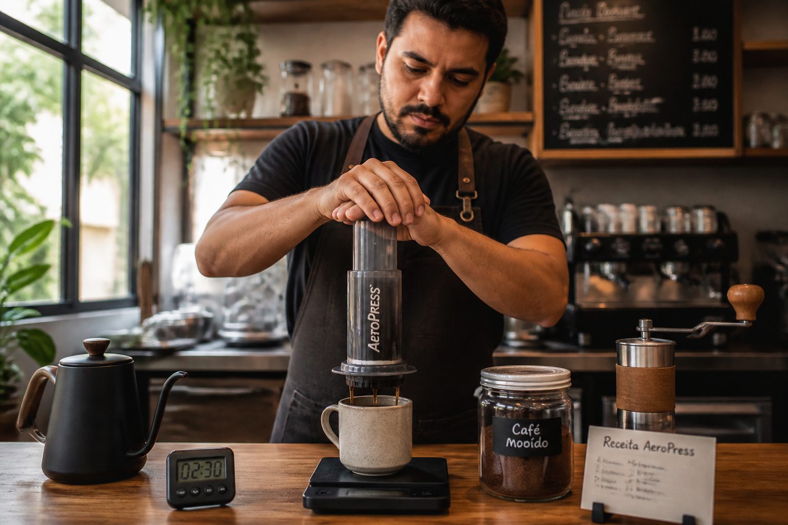 A barista presses an AeroPress coffee maker over a mug on a coffee counter with brewing tools nearby.