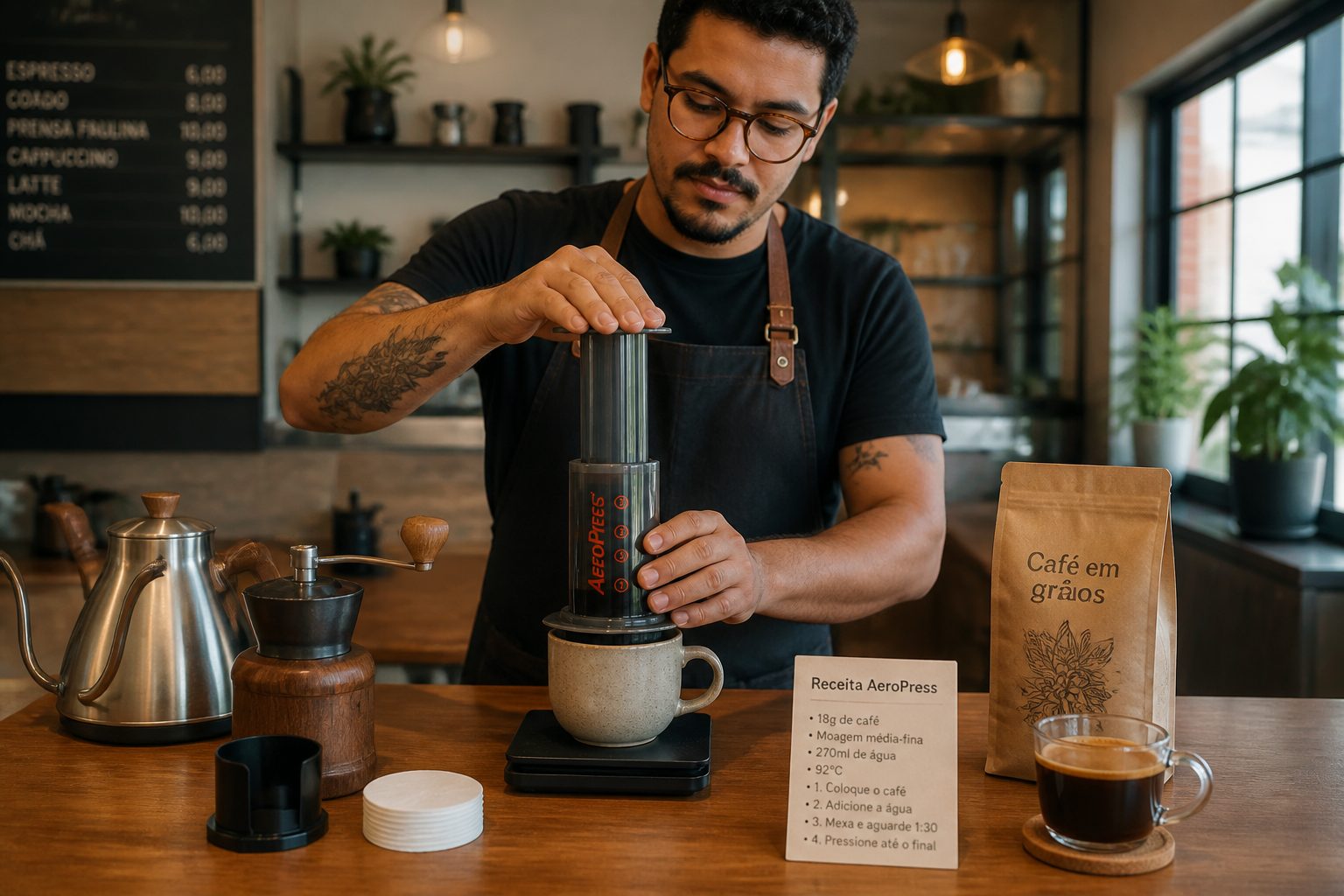 A barista presses an AeroPress coffee maker onto a mug on a scale at a café counter.