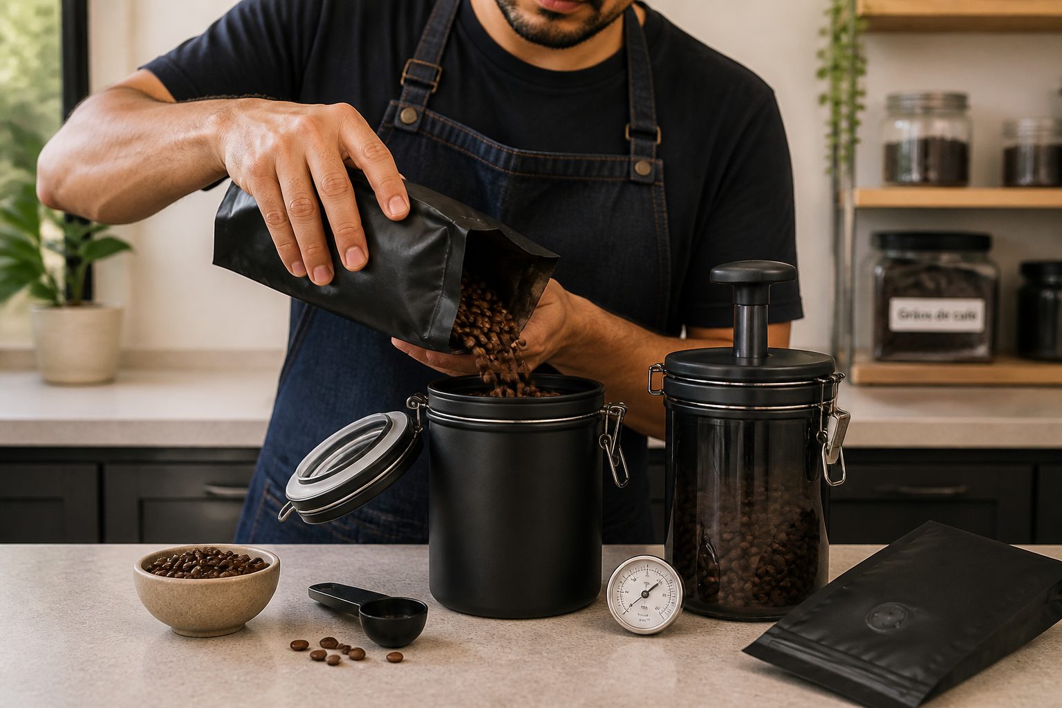 A man pours coffee beans into an airtight storage canister on a kitchen counter with other coffee storage containers nearby.