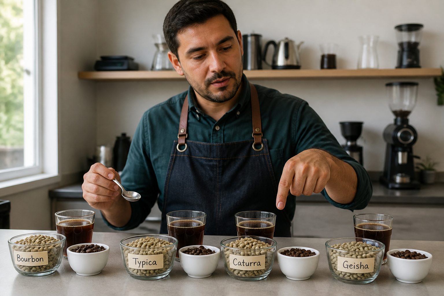 A Brazilian coffee professional compares four labeled bowls of Arabica green coffee beans and cupping cups for Bourbon, Typica, Caturra, and Geisha.