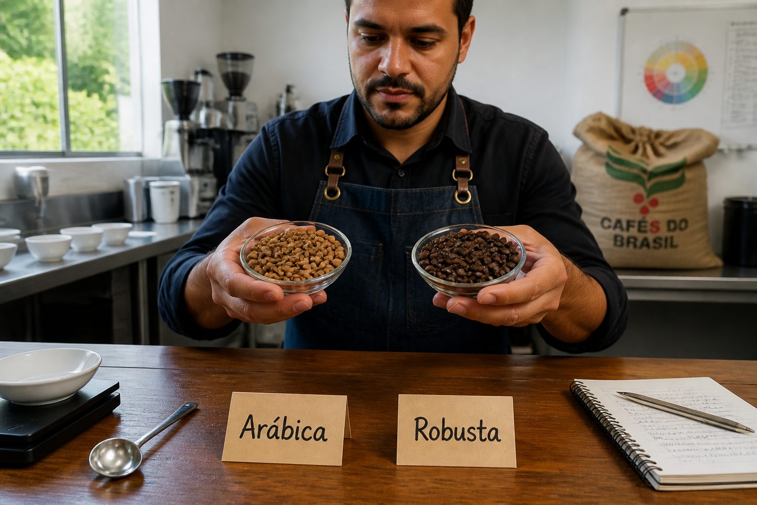 A barista compares two bowls of coffee beans labeled Arabica and Robusta on a cupping table.