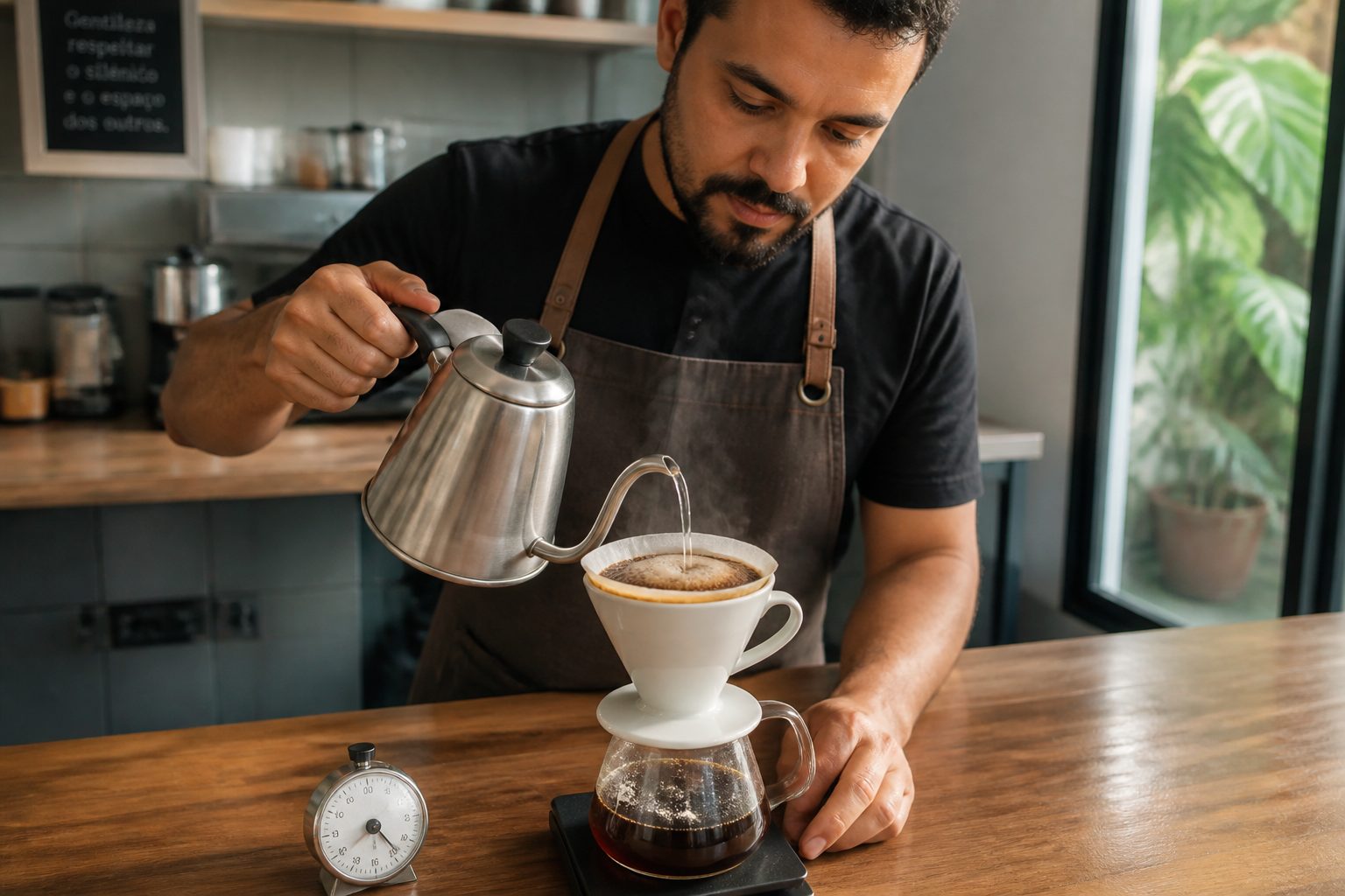 A barista pours a small amount of hot water onto ground coffee in a dripper to start the blooming pre infusion for pour over coffee.