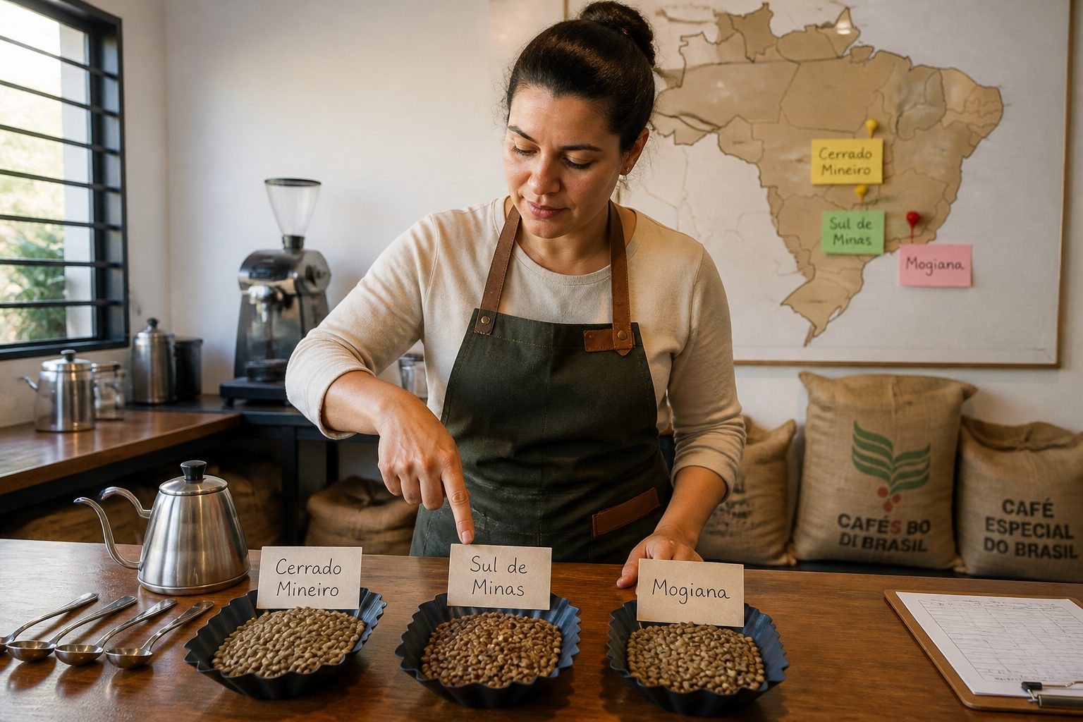 A Brazilian coffee professional compares three coffee samples labeled Cerrado Mineiro, Sul de Minas, and Mogiana beside a map of Brazil.