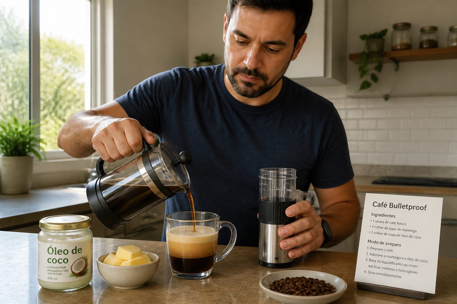 Man preparing bulletproof coffee by pouring black coffee into a glass mug beside butter and coconut oil on a kitchen counter