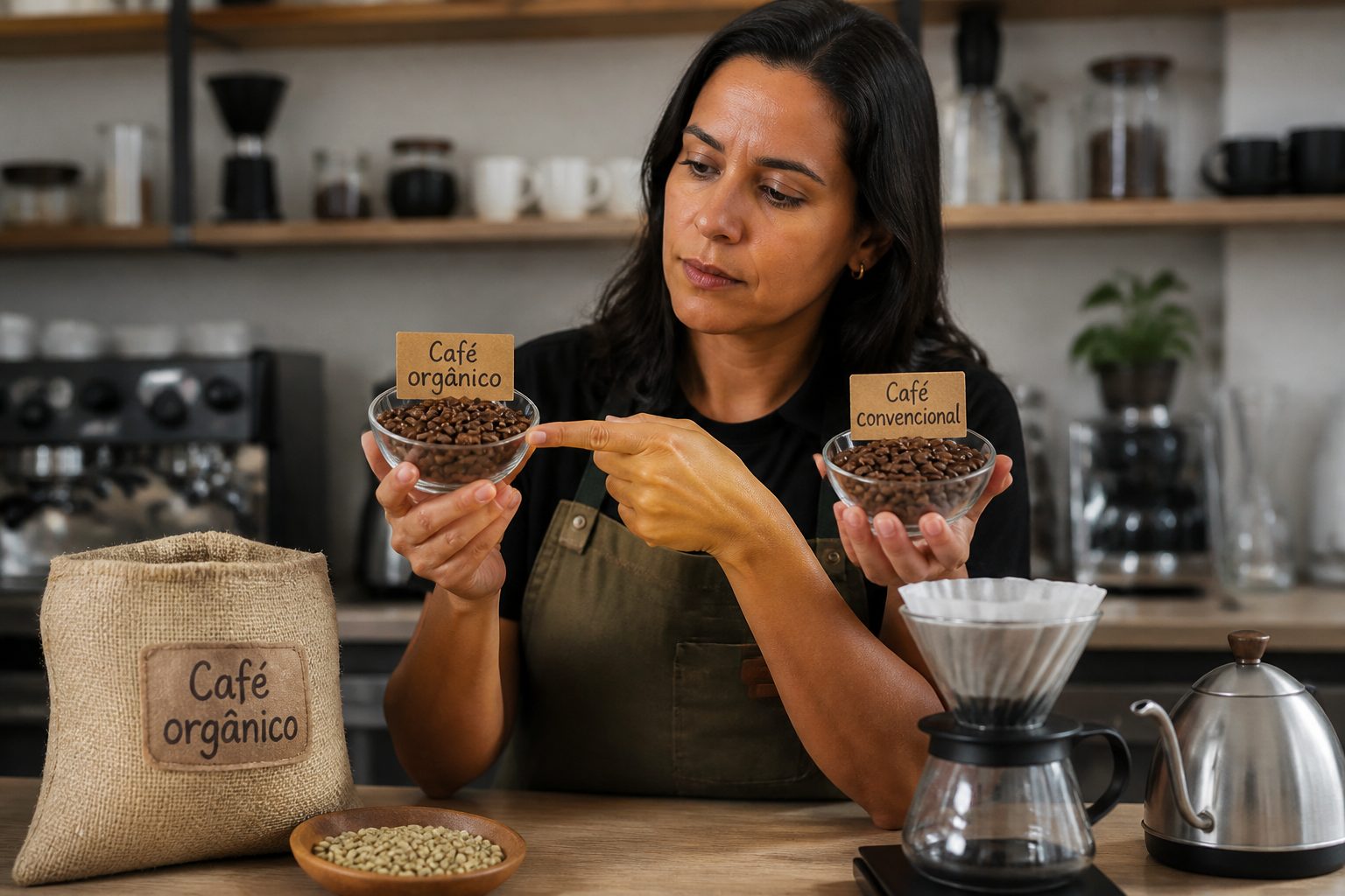 A Brazilian woman at a coffee bar compares two bowls of coffee beans labeled organic and conventional while coffee brewing tools sit on the counter.