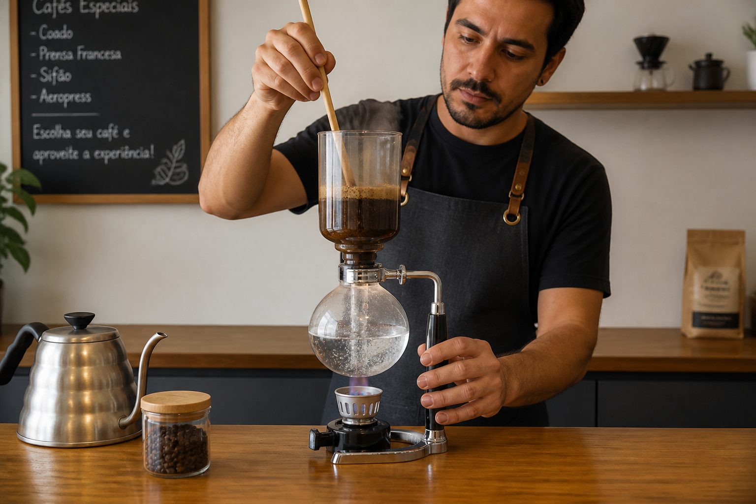 A barista prepares coffee using a siphon coffee maker on a counter in a specialty coffee shop.
