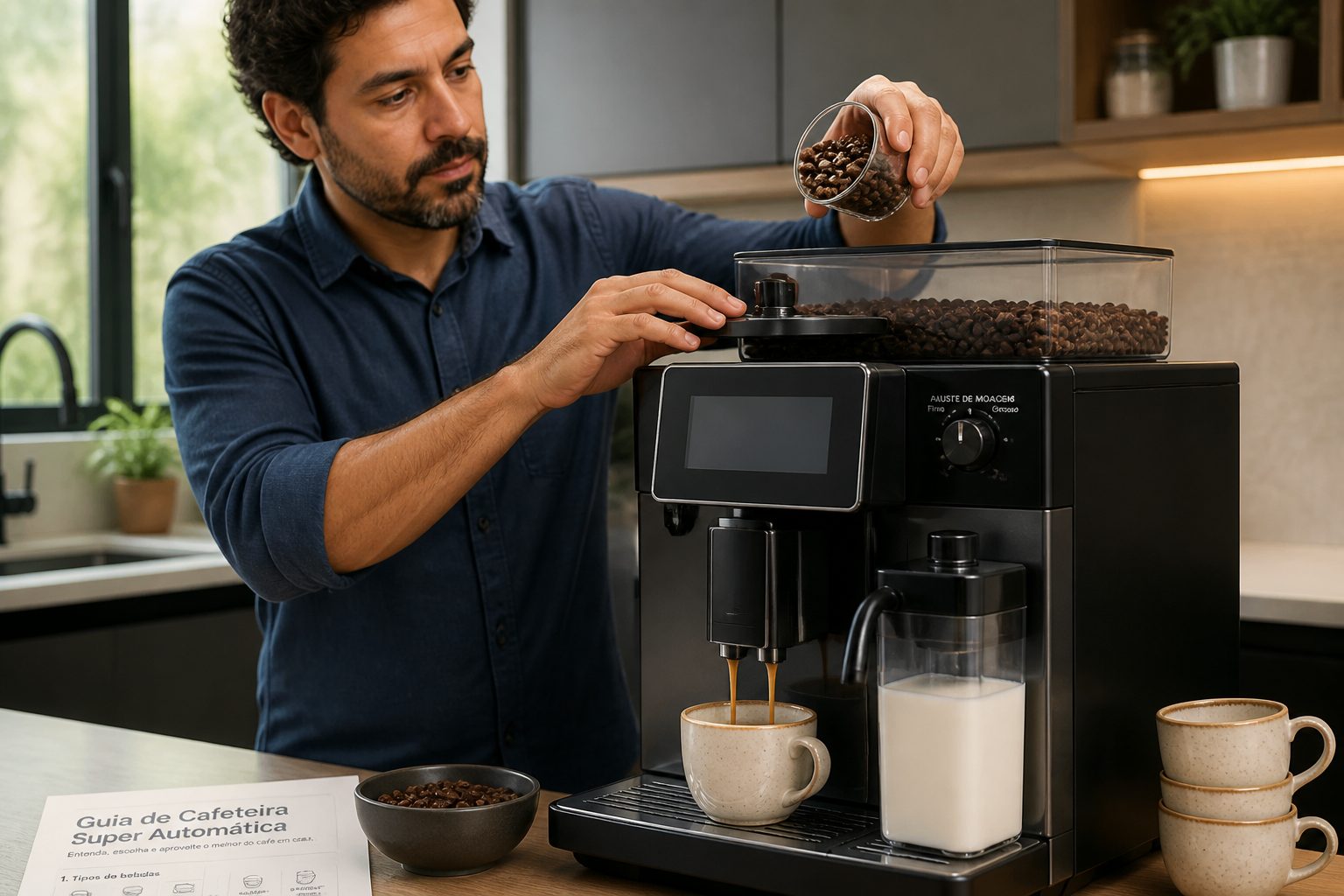 A Brazilian adult demonstrates a super automatic coffee machine with an integrated grinder while pouring coffee beans into the hopper and brewing espresso.