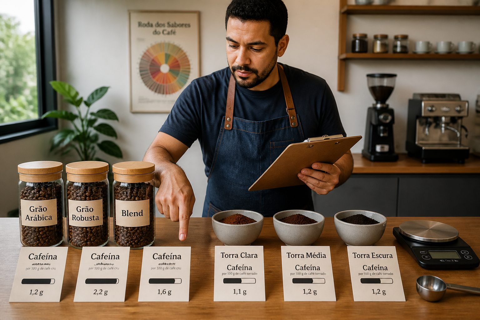 A barista compares labeled coffee beans and roast samples on a table while taking notes about caffeine.