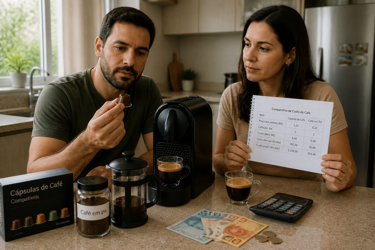 Man and woman in a kitchen compare a capsule coffee machine with capsules, ground coffee, and a calculator on the counter.