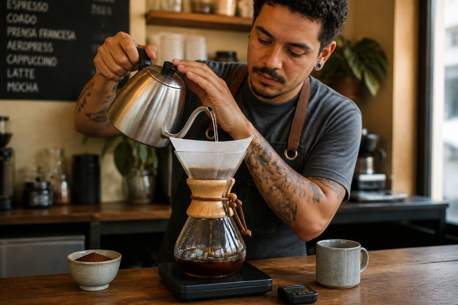 A barista pours hot water from a gooseneck kettle into a Chemex coffee maker on a wooden counter.