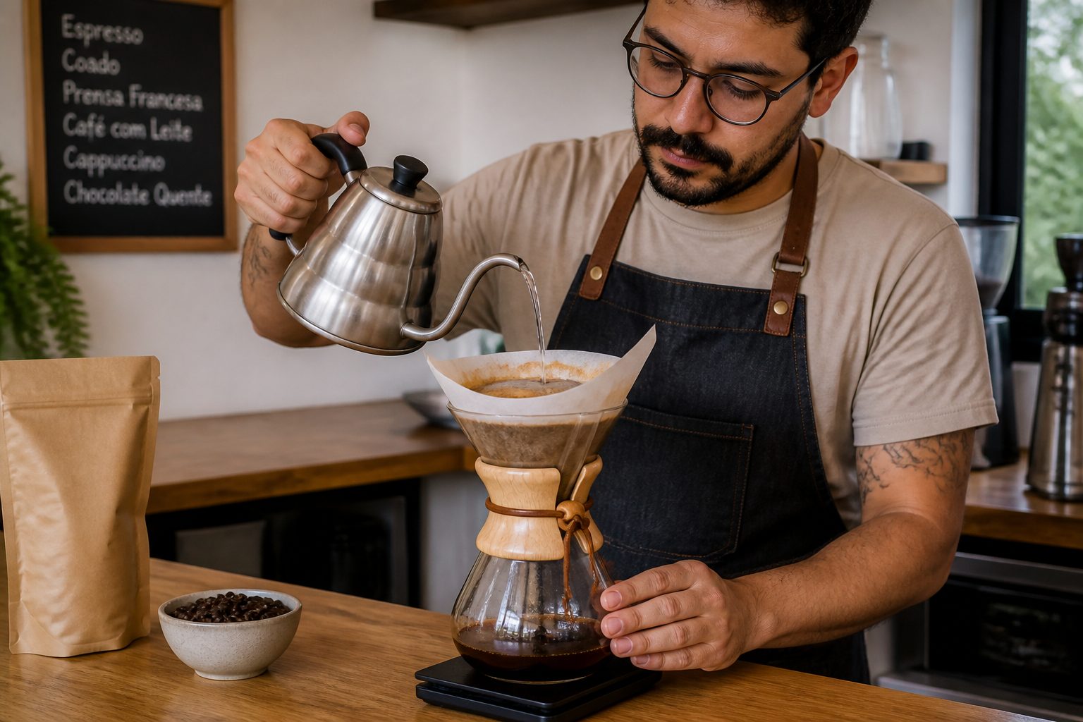 A barista pours hot water from a gooseneck kettle into a Chemex coffee maker with a paper filter on a countertop.