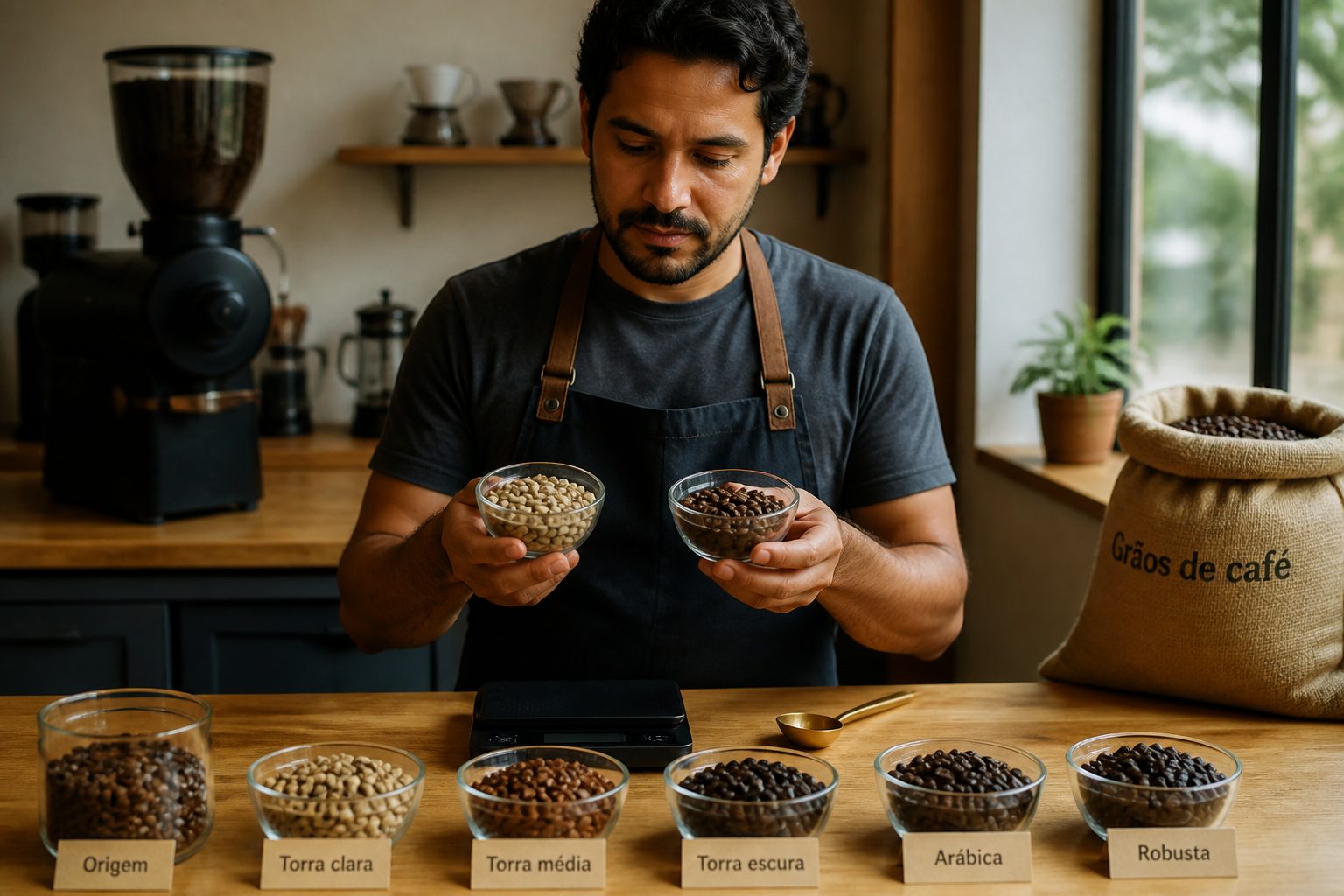 A barista compares bowls of coffee beans on a counter with Portuguese labels for roast and origin.