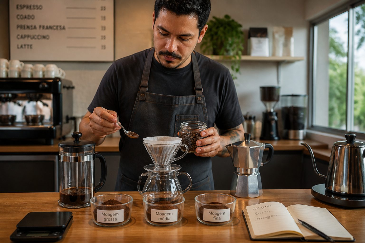 A barista compares coffee beans and grind sizes beside a French press, V60 dripper, and moka pot on a coffee bar.