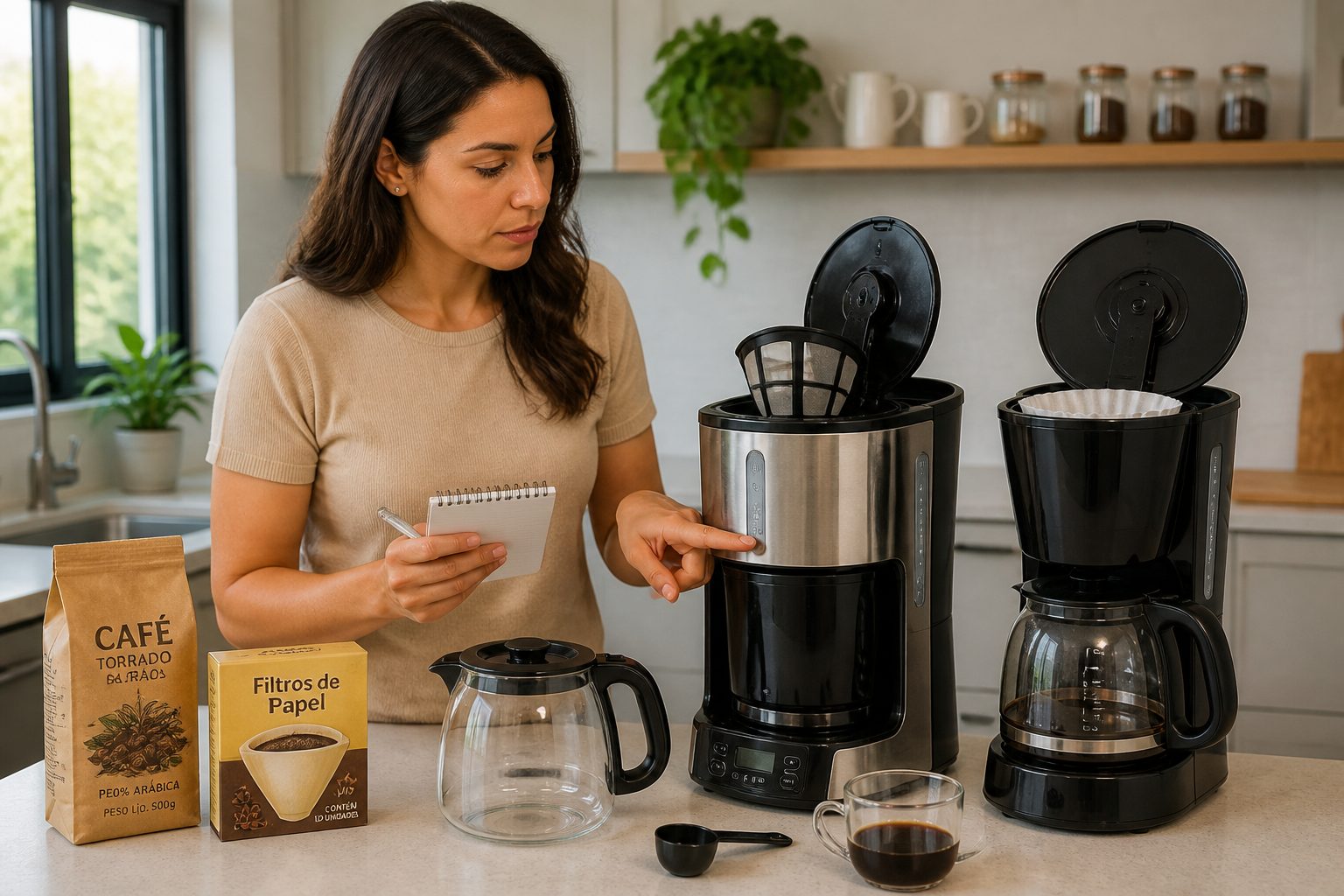 Woman in a kitchen comparing two electric drip coffee makers and checking their features on the counter.